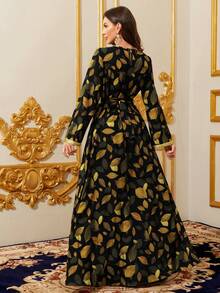 Ramadan Clothing, V-Neck Black & Gold Leaf Print Women's Robe, Gold Ribbon Trim Slit Hem Dress - Black - View 2