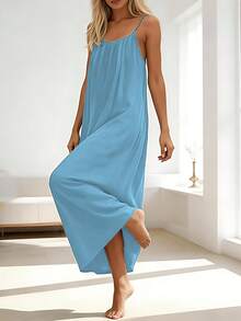 Womens Summer Casual Sleeveless Backless Cami Sundress 2026 Vacation House Dress - 淺藍色 - 查看 4
