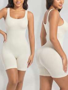 1pc Women's Beige Seamless Square Neck Jumpsuit, Slimming Shapewear, High Elasticity Breathable Fabric Suitable For Summer Daily Wear - Beige - View 4
