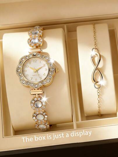 2pcs Set Elegant Crystal Watch & Heart Diamond Bracelet, Fashion, Minimalist, Luxury Girl Quartz Watch, Suitable For Holiday, Party, Wedding, Gathering And Daily Wear, Best Gift For Girls
