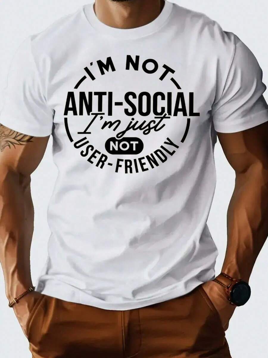 ropa de hombre, camisetas para hombre, diseño minimalista con estampado, tela 100% algodón puro, cuello redondo, cómoda y transpirable, camiseta negra de manga corta con el divertido estampado 'No soy antisocial, solo no soy fácil de usar', perfecta para uso casual en primavera y verano, adecuada para uso diario y al aire libre en verano.