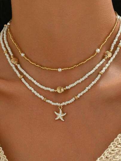 3PCS, Women's Fashion Necklace, Summer Seaside Vacation Shell Starfish Pendant Rice Beads Beaded Necklace Simple Girlish Imitation Pearl Inlay Golden Beads Multi-Stacking Necklace Set, Glass Rice Bead Material, Summer Seaside Vacation To Girlfriend, Summer Rice Bead Necklace