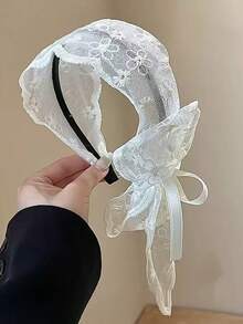 1pc Girls' Lace Bow Headband, Fashionable & Versatile For Spring/Summer - Beige - View 2