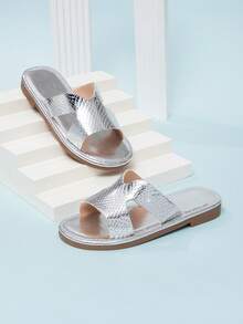New Summer Girls Snake Skin Pattern Beach Flat Open Toe Sandals - Silver - View 5