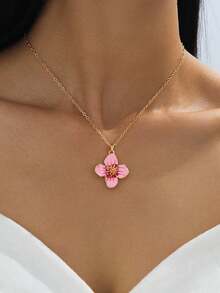 1pc Vintage French Elegant Handmade Enamel Gradient Pink 4-Petal Flower Pendant Necklace For Women - Pink - View 1