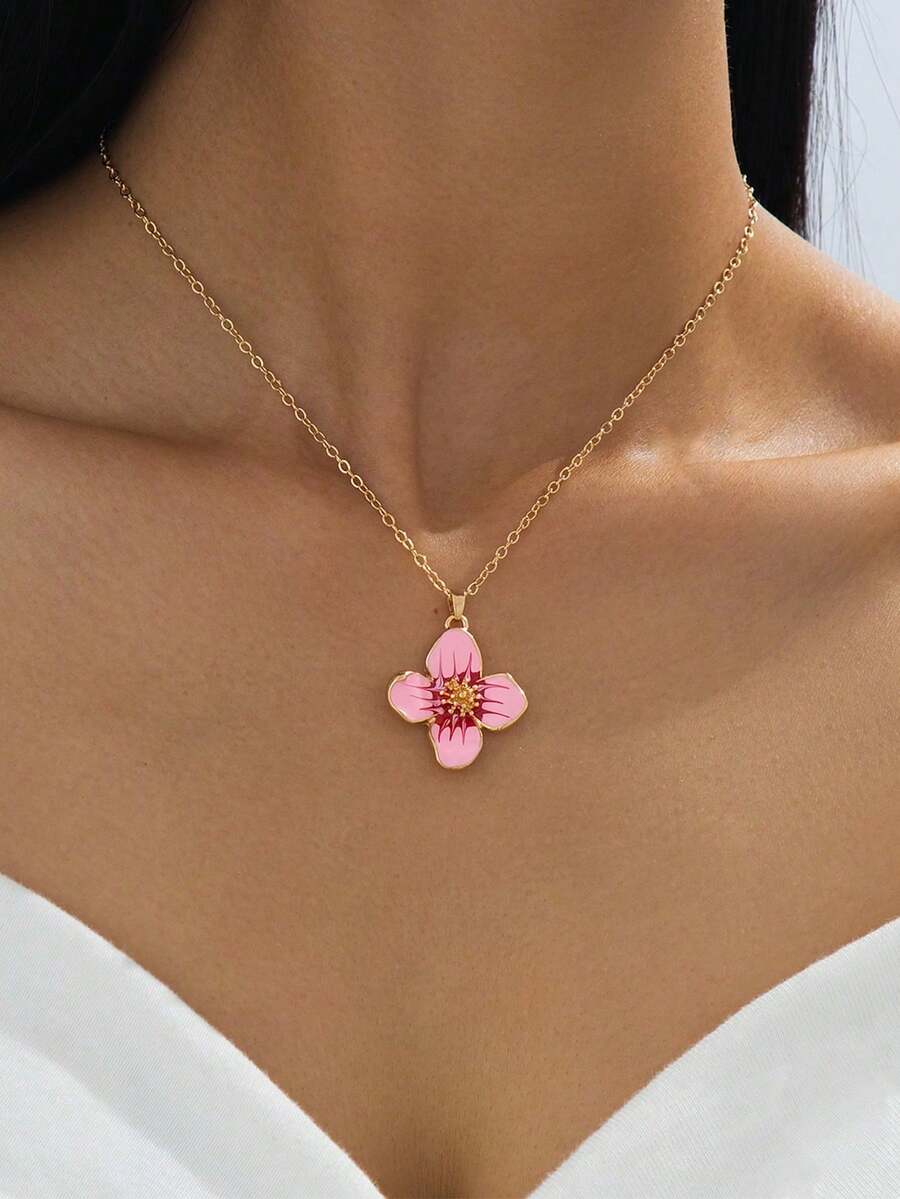 1pc Vintage French Elegant Handmade Enamel Gradient Pink 4-Petal Flower Pendant Necklace For Women - Pink - View 1