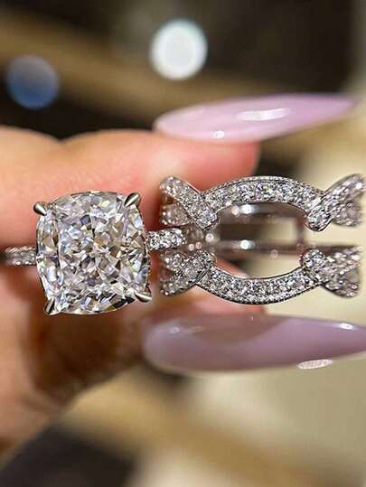 Asymmetrical Hollow Four-Claw Elliptical Geometric Cubic Zirconia Ring, Creative Jewelry Gift For Women