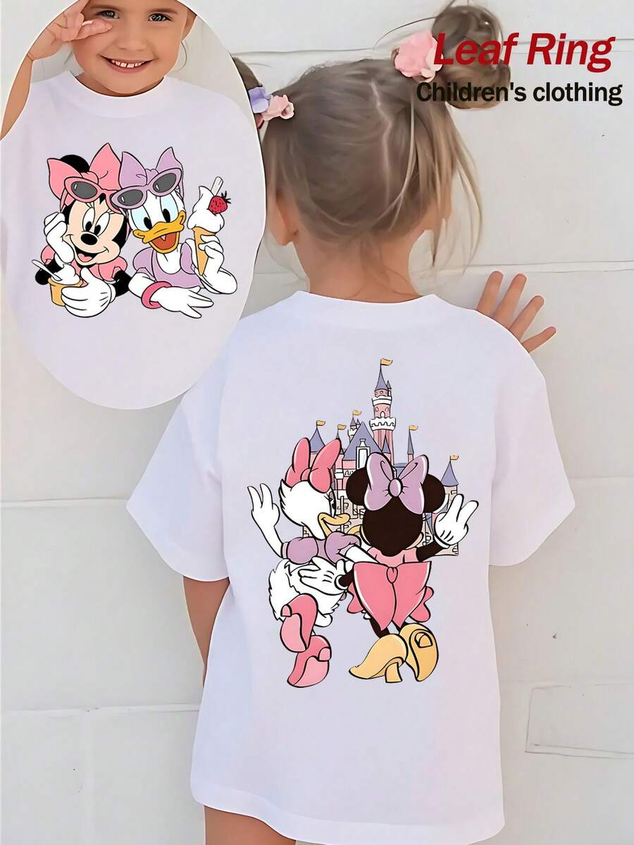 Summer Tops,Disneyland   Princess Graphic Tee, Perfect For Cute Girls. Teen Girl Gift,Comfortable And Breathable Children's Short-Sleeved T-Shirt. 180g Pure Cotton Children's Clothes,Suitable For Both Boys And Girls.Suitable For Daily Wear, Vacations, Outdoor Activities, And As A Children's Gift. - 白色 - 查看 1