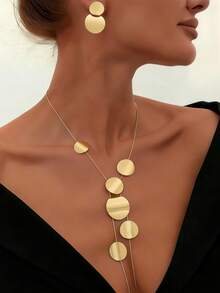 2pcs/Set Minimalist Plated Gold Geometric Circle Jewelry Set, Suitable For Women's Daily Commute And Party Occasions - Yellow Gold - View 3