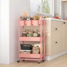 Blue Plastic Rolling Utility Storage Cart, 3 Tier Trolley With Hanging Cups Handles Lockable Wheels For Kitchen Bathroom Office - Pink - View 6