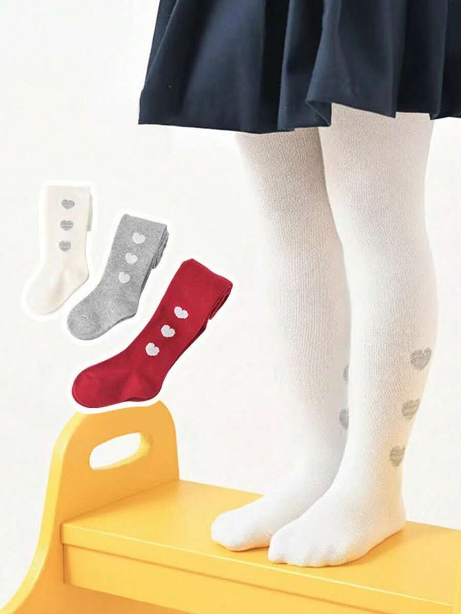3 đôi tất dài đến đùi màu trơn họa tiết trái tim cho bé gái sơ sinh/trẻ nhỏ, hàng mới về mùa xuân. - Nhiều màu - Xem 1