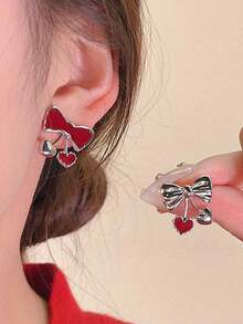 1 Pair Delicate Cute Bow Heart Stud Earrings, Niche Design Elegant Earrings Gift For Women - Red - View 1