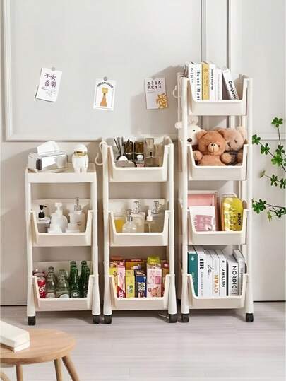 Cărucior de depozitare cu roți multifuncțional - Raft de depozitare cu mai multe niveluri, cărucior de depozitare pentru baie, ușor de mutat, design detașabil, economisește spațiu, echipat cu roți pivotante la 360°. Potrivit pentru bucătărie, baie și living. Fabricat din plastic.