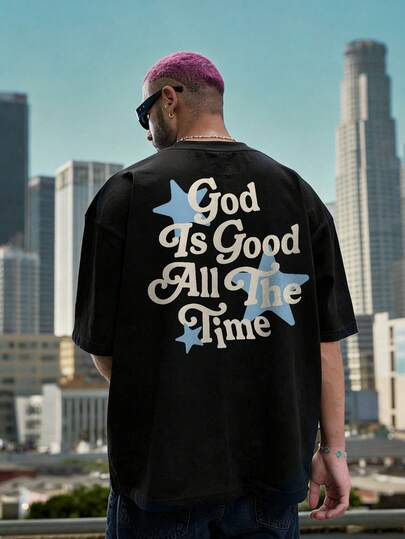  Camiseta de manga corta con cuello redondo, estampado retro de estrellas y letras, de moda casual y urbana de verano para hombres FRACTYR