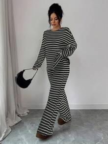 女士黑白条纹露肩长袖T恤和松紧腰条纹裤两件套，休闲、通勤、度假、波西米亚风春季套装 - 黑白 - 查看 6