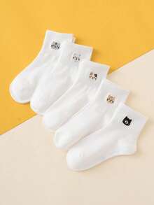 5pairs Fun And Personalized Cartoon Black & White All-Match Embroidered Cat Pattern Fashionable Mid-Calf Kids Socks, Everyday Wear - Black and White - View 8