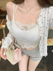 新款春夏返校季可爱性感纯蕾丝吊带背心，带衬垫胸罩，纯色女士内衣吊带衫休闲白色 - 白色 - 查看 6
