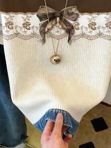 欧美风拼接牛仔布，女士夏季穿搭，女士沙滩装，女士休闲圆领短袖T恤 白色 - 白色 - 查看 5