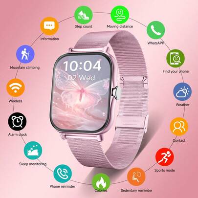 SIMSONLAB Reloj inteligente de pantalla táctil HD de 1,83", unisex, compatible con llamadas, correa de acero, podómetro, contador de calorías, múltiples modos deportivos, notificaciones de mensajes y llamadas, reloj inteligente multifuncional para Android/iOS, regalo de Navidad