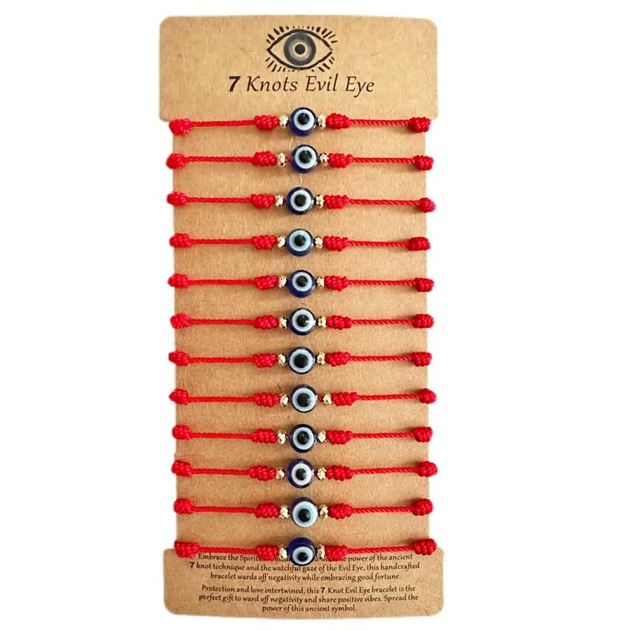 辟邪眼手链套装，12条装可调节红色七结幸运绳护身符，黑粉色友谊手链 - 彩色 - 查看 1