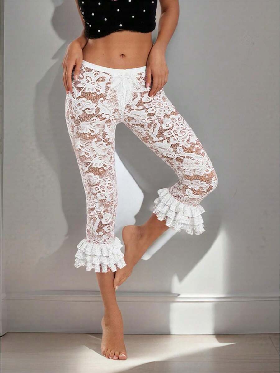 Women's Floral Lace Sheer Capri Leggings High Waist Fitted Ruffle Trim Bow Detail Capris With Ruffled Hem For Y2K - White - View 1