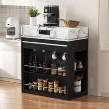 Kitchen Island On Wheels, Extendable Dining Table With Drop-Leaf Top, Bar Table With Power Strips And Hooks, Serves As A Kitchen Island, Buffet Or Bar Table For The Kitchen And Dining Room (Black) - Black + Medium Density Fiberboard + Glass - View 1