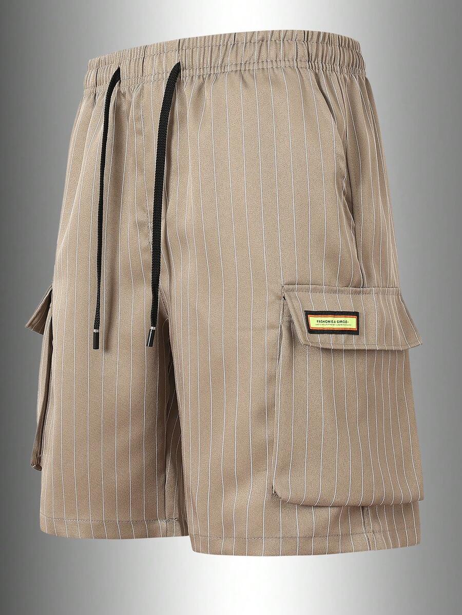 Men's Khaki Striped Cargo Shorts - Lightweight Breathable Fabric With Multi-Purpose Pockets And Drawstring Waist - Khaki - View 1