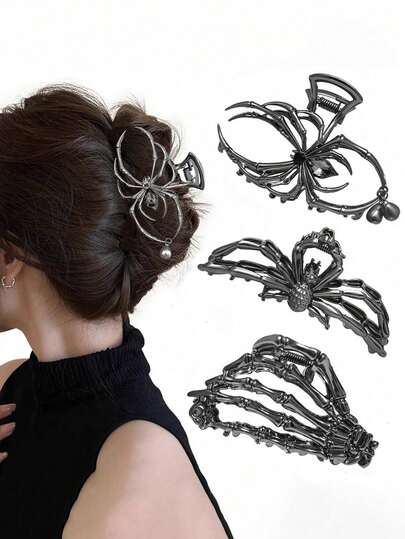 3 piezas Clips para el cabello de estilo gótico con telaraña y calavera de metal negro, accesorios para cabello grueso, regalo de Halloween y Navidad (Set de 3 piezas negro) Pinzas para el cabello de verano, pinzas para la playa, sujetadores para el cabello de vacaciones