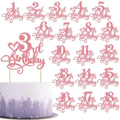 1 adet Pembe Simli Mutlu 1/2/3/4/5/6/7/8/9/10/11/12/13/14/15/16/17/18. Yaş Günü Pastası Üstü Süsü, Yıldönümü, Doğum Günü Temalı Parti Dekorasyon Malzemeleri