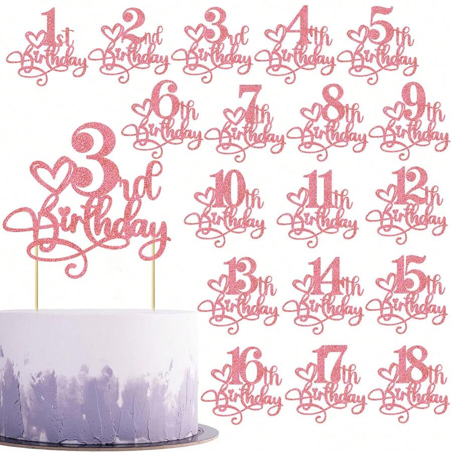 1个粉色闪光快乐1/2/3/4/5/6/7/8/9/10/11/12/13/14/15/16/17/18岁生日蛋糕装饰插牌,适用于周年纪念生日主题派对装饰用品 - 查看 1