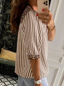 Acelitt Brown Striped & Leopard Print V-Neck Button Casual Short Sleeve Shirt, Spring/Summer - Multicolor - View 2