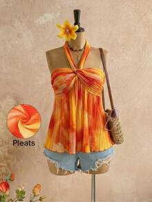 Women's Y2K Vacation Camisole - Orange Yellow Tie-Dye, Twist Front Ruffle Hem Babydoll Dress, Women's Summer Clothing, Elegant Romantic Style, Valentine's Day Outfit, Party Dress, Music Festival Outfit, Beach Wear, Casual Tops, Holiday Attire, Spring Summer Daily Wear, Wedding Guest Dress, Carnival Costume - Multicolor - View 6