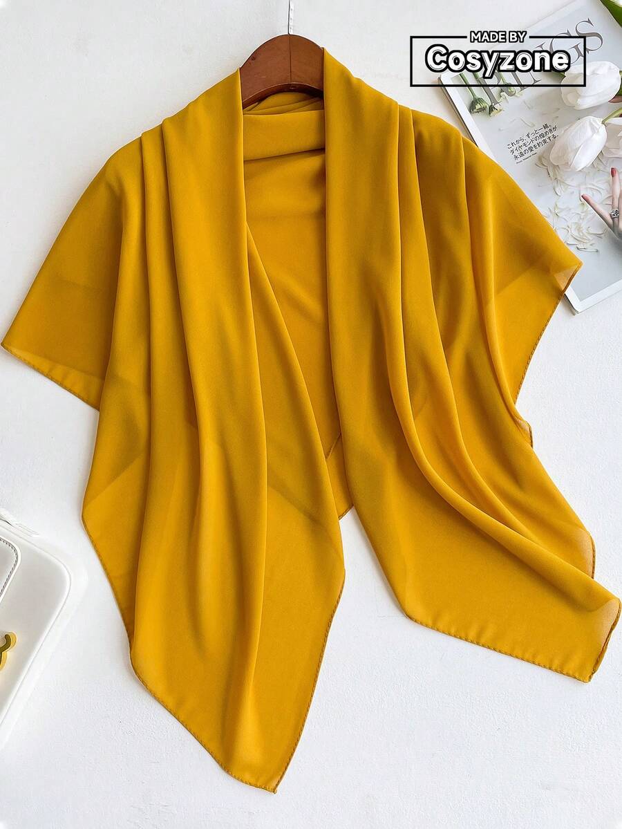 1条简约纯色轻薄透气110厘米雪纺方巾，女士时尚百搭头巾，夏季防晒薄款围巾，适合海滩、度假等场合 - 芥末黃 - 查看 1