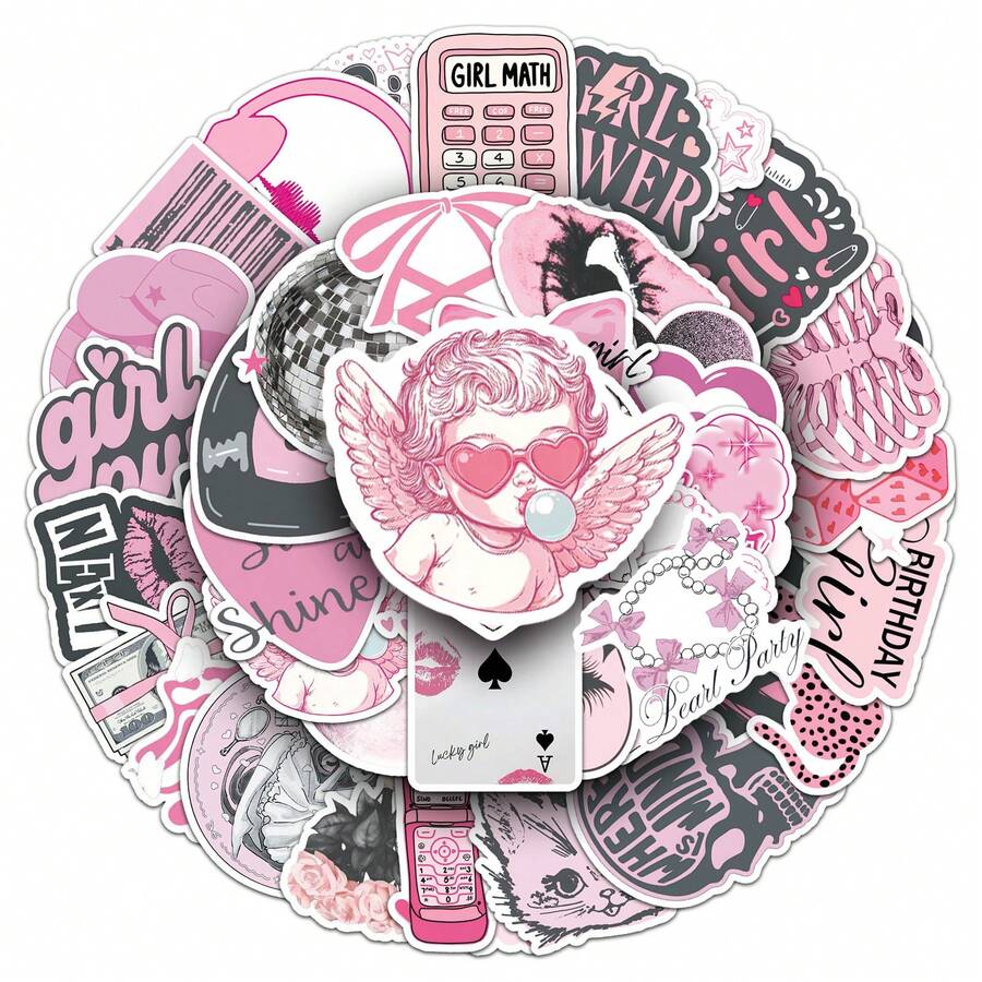 50张粉色幸运贴纸，Y2K风格贴纸，Y2K市中心贴纸，Y2K礼物，复古贴纸，90年代贴纸，防水乙烯基贴纸，适用于信封、水瓶、电脑、笔记本电脑、手机、行李箱、笔记本、冰箱等。