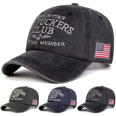 1顶男士100%纯棉“老顽固俱乐部终身会员”骷髅刺绣水洗棒球帽，街头时尚帽，户外防晒休闲帽，适合春季、秋季、旅行、海滩佩戴