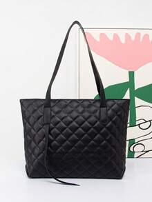 1pc Girls' New Large Capacity Rhombus Pattern Shoulder Tote Bag, Lightweight Handbag, Great Gift - Black - View 1