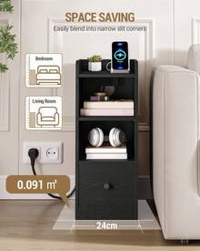 HaluPeit Bedside Table Set Of 2, With Charging Station, USB & Type C Connection, Narrow Side Table, 3 Levels Of Storage Space With 1 Drawer, Space-Saving, For Bedroom, Living Room - Black - View 4
