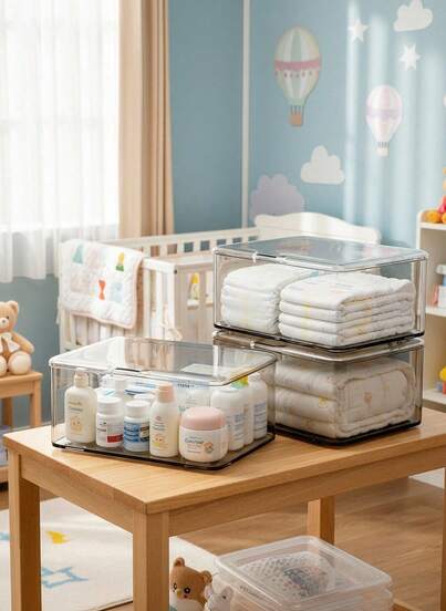 Transparent Baby Supplies Storage Box, Unisex For Baby Boys And Girls, Plastic Material, Portable Design, Can Be Used As Bottle, Diaper, Toy Storage Bag, Car Travel Storage Bag, Vanity Table Organizer, Can Hold Wet Wipes Box, Non-Slip Rubber Bottom, Essential For Newborns, Suitable For Newborn Parties, Newborn Registry