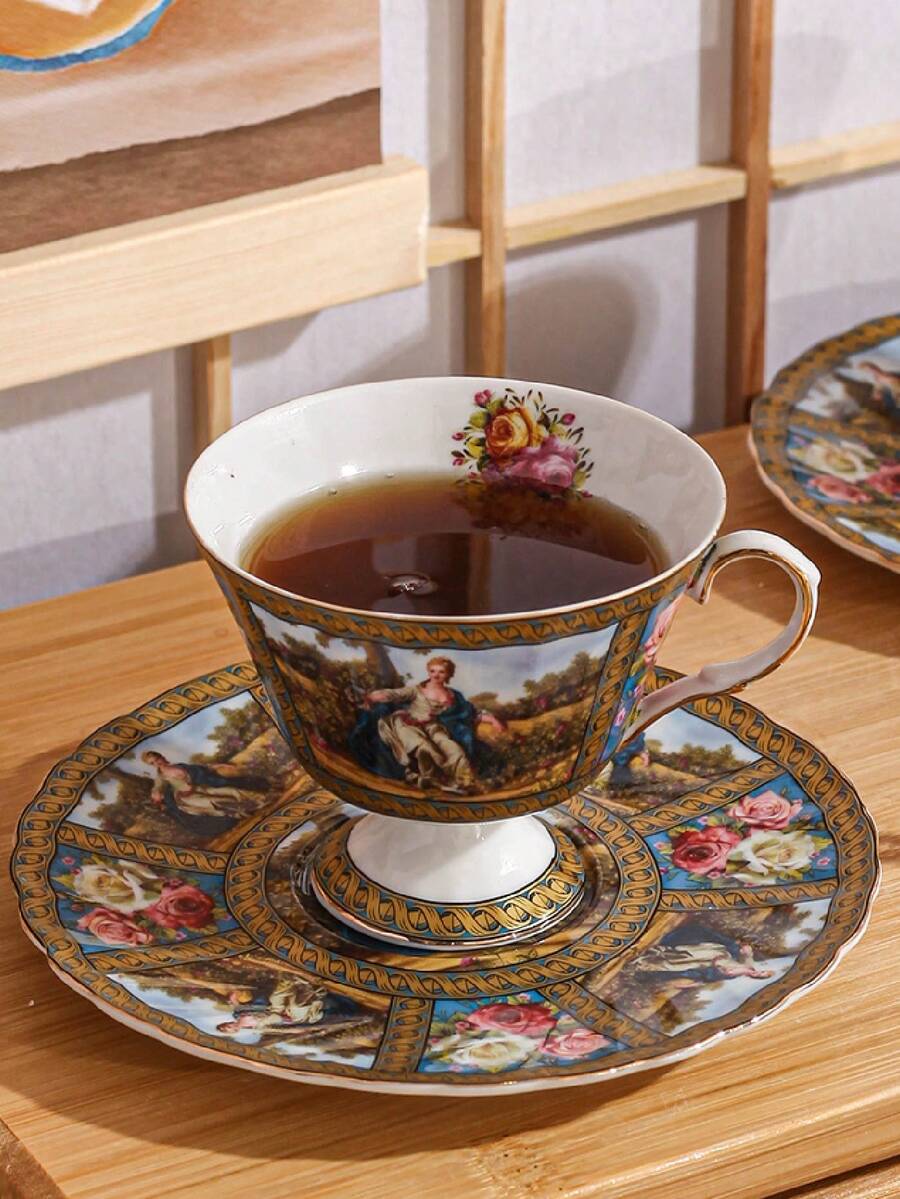 2pcs (1 Cup 1 Saucer) Ceramic Coffee Cup And Saucer Set, Suitable For Tea, Coffee, Milk, Juice, Weddings, Parties, Gifts, Birthdays - Multicolor - View 1