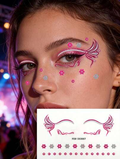 1 Pc Sweet & Cool Pink-Silver Butterfly Wing Face Decor Stickers, Featuring Glitter Butterfly Wing Eye Decals, Pink-Silver Stars And Rhinestone Elements, Lively And Versatile To Match Any Makeup, Ideal For Parties, Performances And Dates, Adding A Sweet And Cool Vibe And Delicate Details To Your Look