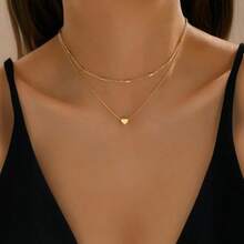 1pc Fashion Double-Layer Heart Pendant Necklace, Minimalist Gold-Tone Heart Choker Necklace, Suitable For Women's Daily Wear And Dates - Yellow Gold - View 1