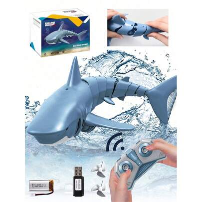 1个2.4GHz遥控鲨鱼玩具 - 高度逼真的鲨鱼，带有灵活的机械尾巴、逼真的游泳动作、模拟鲨鱼游动，并配有LED夜灯 - 非常适合夏季泳池娱乐，2.4G遥控船升级版遥控鲨鱼高速双电机防水泳池水上玩具，节日礼物，适合3-12岁男孩女孩儿童，是送给朋友和家人的酷炫生日圣诞礼物，可充电，儿童玩具礼物