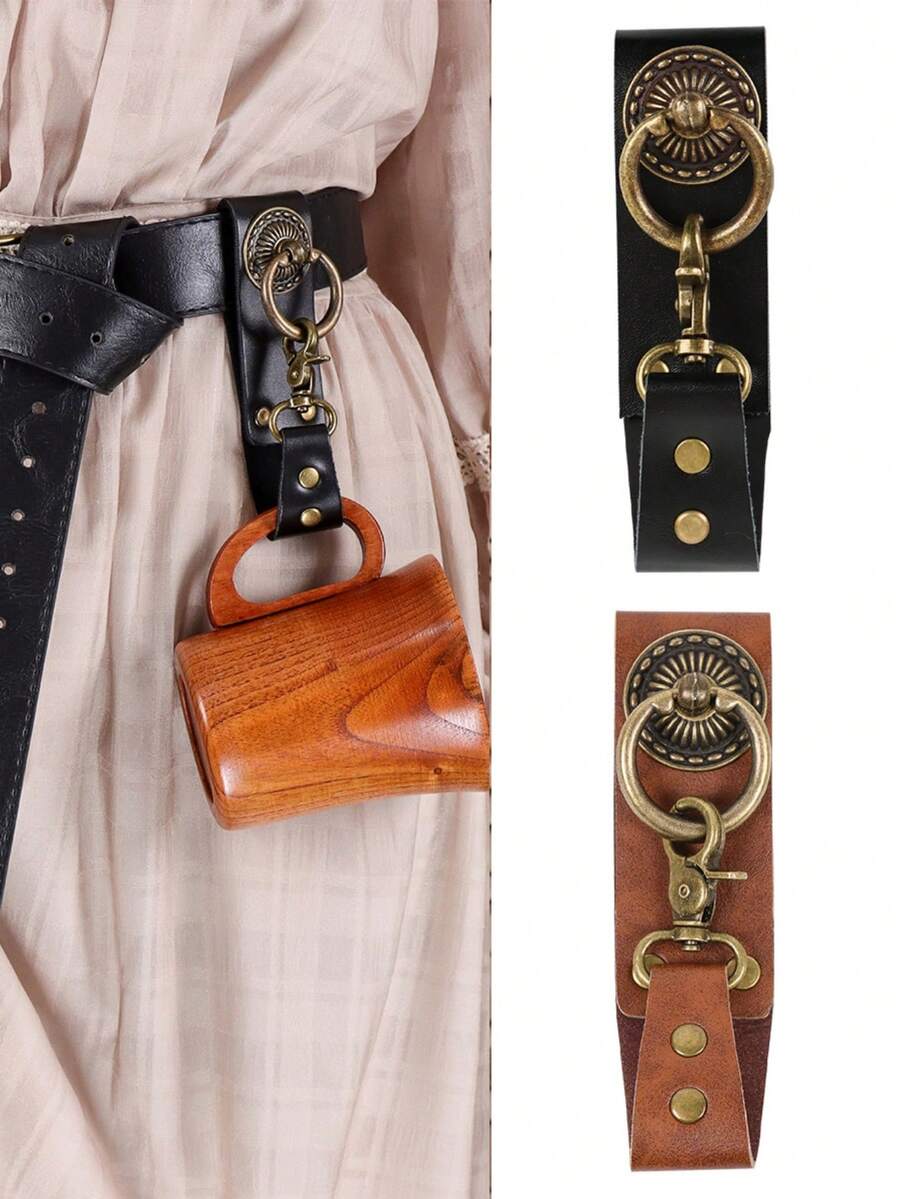 1 PC Medieval Retro PU Leather Belt Hanger, Steampunk Brass Ring Hook, Nordic Viking Style Portable Cup Hook, Renaissance Cosplay Prop Accessory - Multicolor - View 1