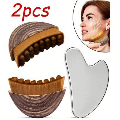 Facial Care Massage Set - Lymphatic Facial Shaping Massage Brush + Stainless Steel Gua Sha Board: Lymphatic Drainage Massage Tool - Suitable For Facial, Chin And Jawline Shaping, Precisely Fits The Skin - Improves Facial Blood Circulation, Reduces Facial Puffiness, Enhances Natural Soothing Portable Beauty Tool For Skincare/Spa/Massage; Stainless Steel Gua Sha Board - Facial Massage, Portable Facial And Body Muscle Relaxation Massage Board; Skincare Tool, Body And Facial Massage Care Tool, Beautician Supplies, Dry Brushing
