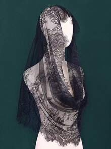 1pc Bridal Lace Veil With Floral Edge, Hollow Out Shoulder Cape - Black - View 2