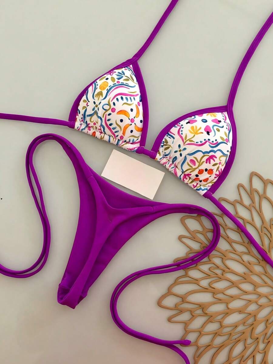 Bộ bikini hai mảnh gợi cảm buộc dây cổ và quần tam giác dành cho nữ, thích hợp mặc đi biển mùa hè. - Nhiều màu - Xem 1