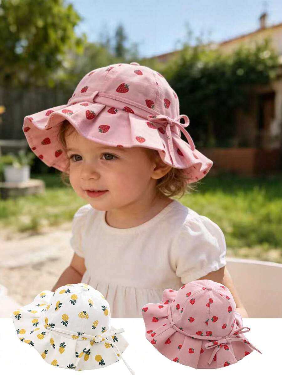 1pc Baby/Toddler/Little Girls' Wide Brim Floral, Strawberry, Pineapple Print Sun Hat, Princess Style Versatile UV Protection Bucket Hat - 1PC - View 1