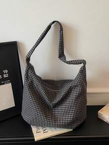 Fashionable Plaid Shoulder Bag, Large Capacity Campus Style Crossbody Bag, Student Cloth Bag, Pastoral Chic - Grey - View 5