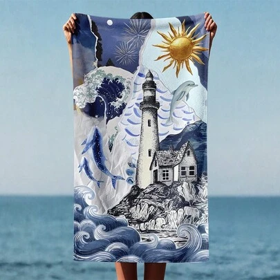 1pc Soft Patchwork Ocean Illustration Printed Ultra-Fine Fiber Beach Towel, Home Decor, Suitable For Beach, Swimming Pool, Camping And Travel, Bathroom, Fitness, Yoga, Soft And Comfortable Ultra-Fine Fiber Towel, Extremely Comfortable Bath Towel, Fashionable Beach Towel, Super Absorbent, Lightweight And Portable, Windproof And Sun-Proof, Summer Travel Anti-Sand, Holiday Bathroom Decor