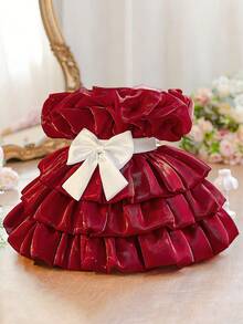 Baby Girls' Round Neck Contrast Bow Satin Cute Flower Girl Puffy Dress For Wedding, Birthday Party, Banquet, Excluding Headband - Burgundy - View 3